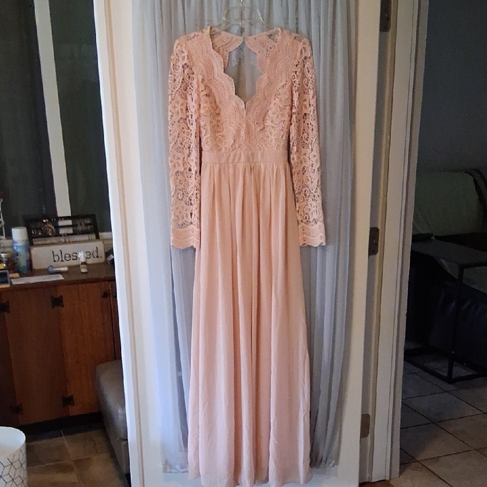 New Pinkblush Pink Long Sleeve Gown with Plunge Neckline
